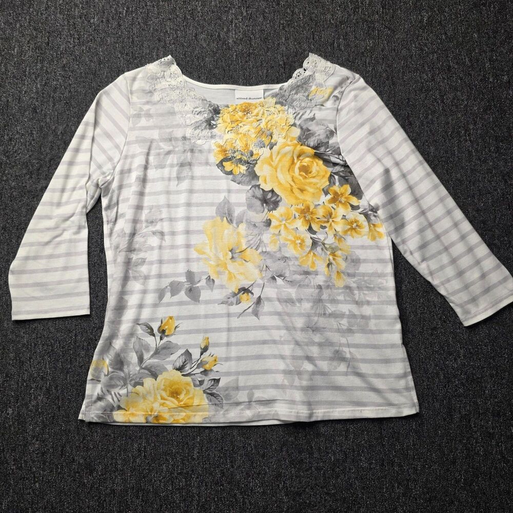 Alfred Dunner Womens Small 3/4 Sleeve Floral Stripe Lace Neck Top White Yellow